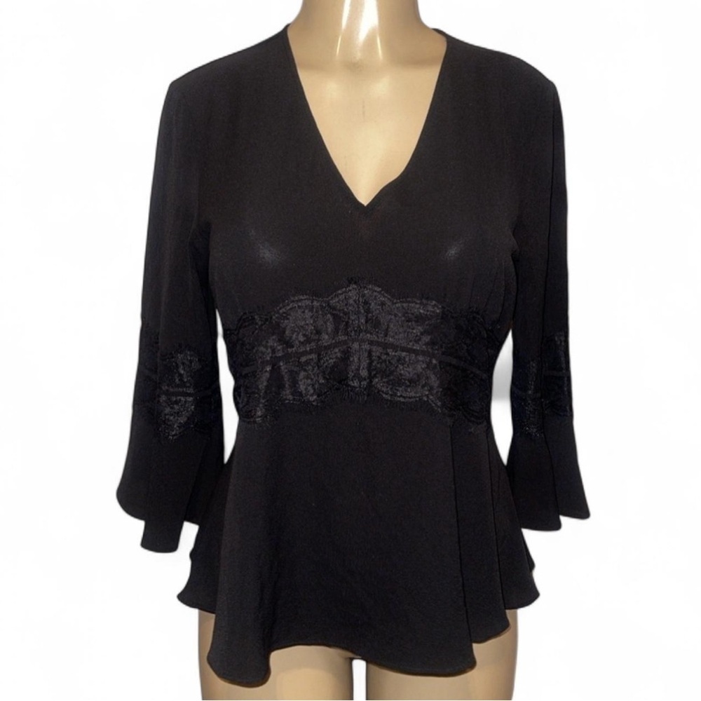 Banana Republic Black Peplum Top V-Neck Lace Trim 3/4 Bell Sleeves Size 2